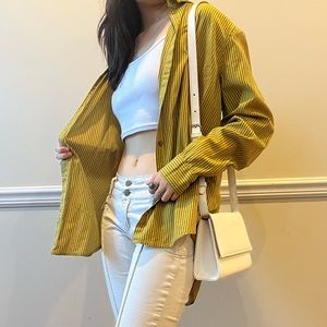vintage boho y2k mustard yellow long sleeve collar stripped button down shirt
